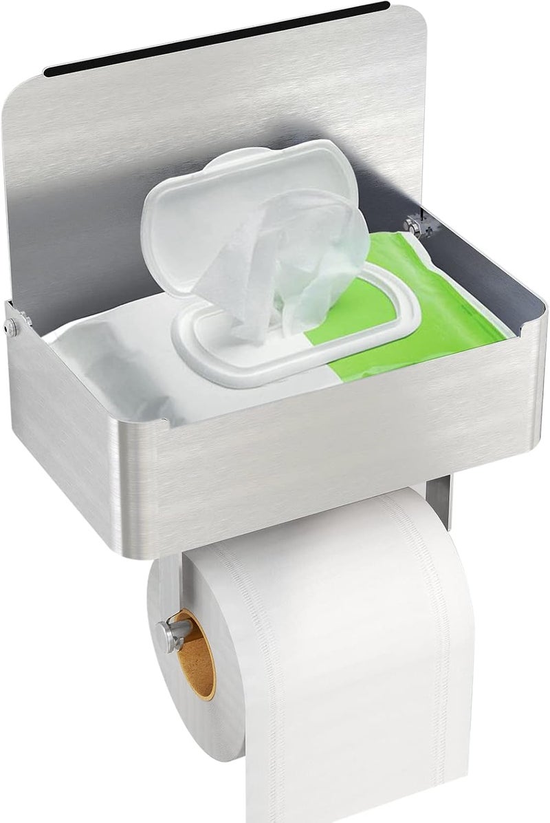 JUYSON Toilet Paper Holder with Shelf Brushed Nickel, Flushable Wipes Dispenser Fits for Bathroom Wipe Storage, Keep Your Wipes Hidden Out of Sight - SUS304 Stainless Steel Wall Mount Organizer - Image 1